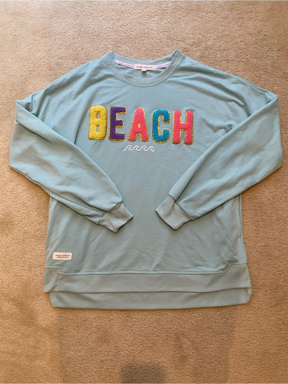 Simply Southern Light Blue 'BEACH' Chenille Letter Crewneck